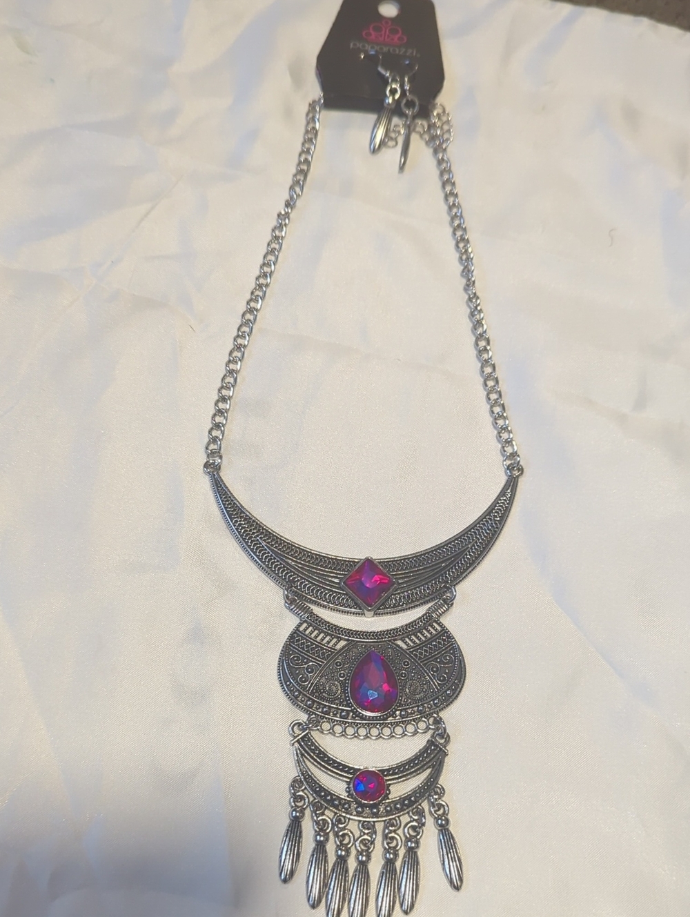 paparazzi Silver-Tone Boho Necklace Set with Pink Gems and matching Earrings